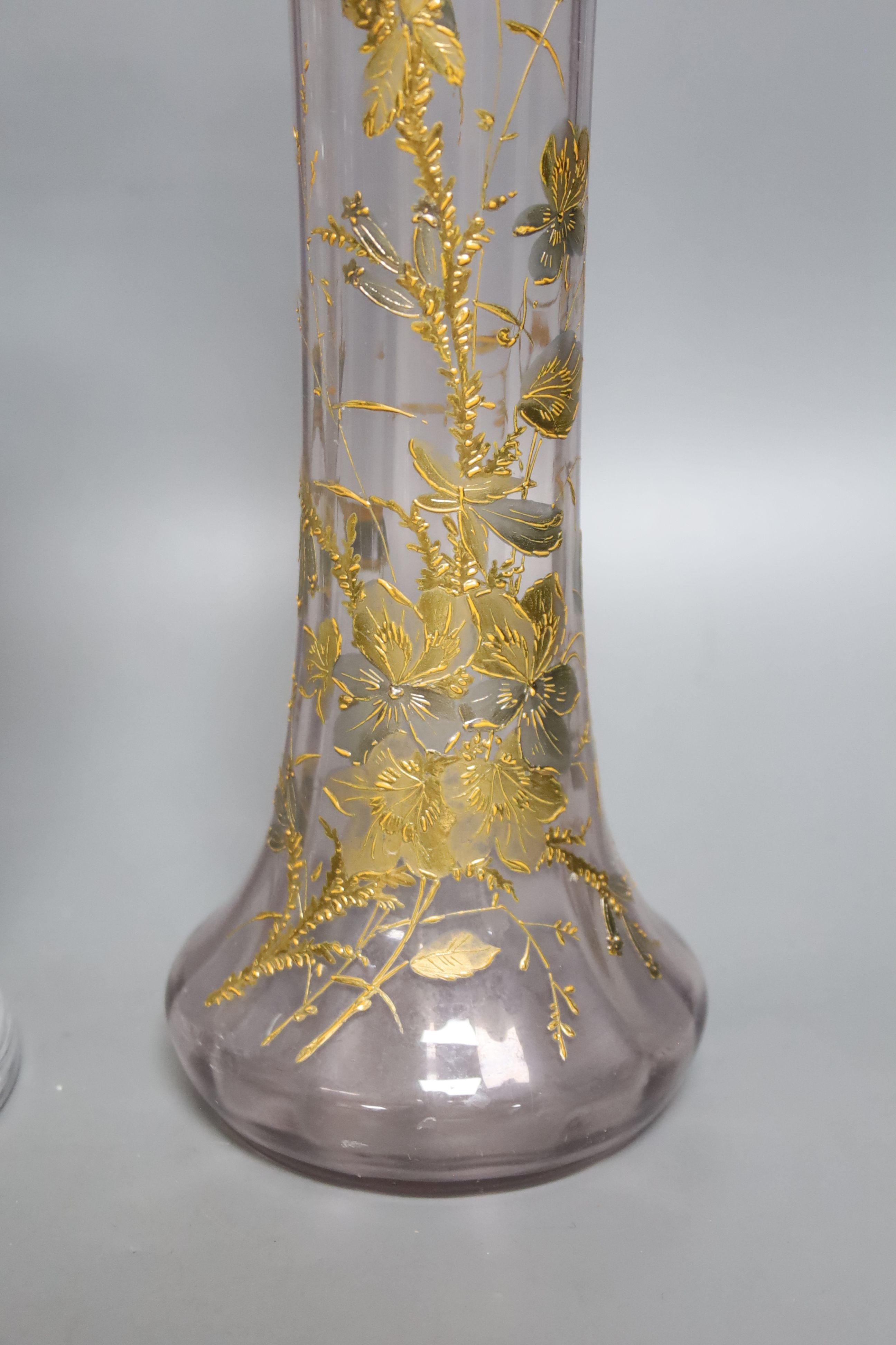 A Bohemian gilt decorated glass vase and a Waterford cut glass vase, tallest 33 cm